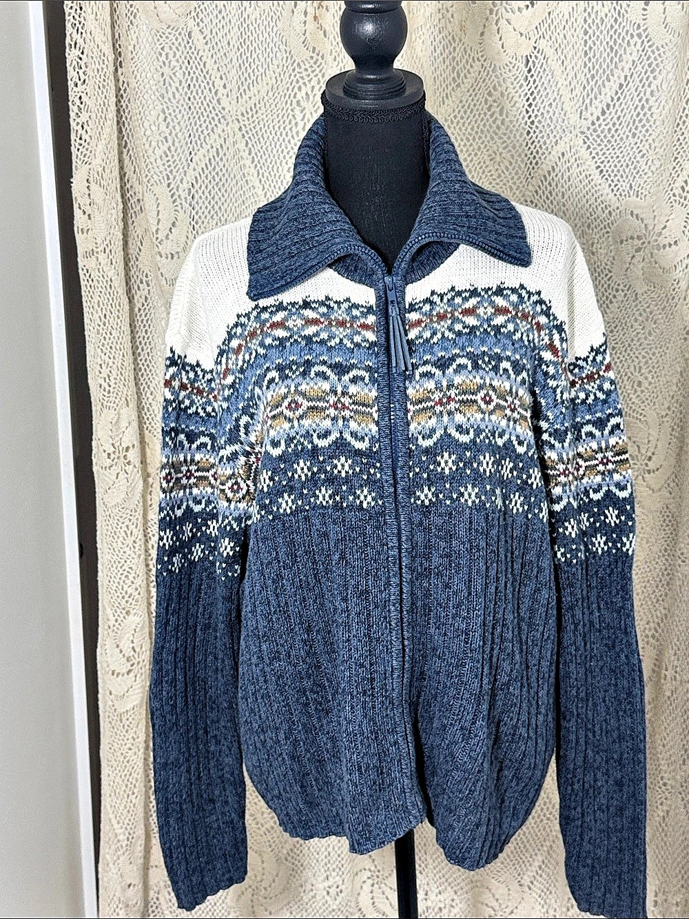 Tiara International Fair Isle Zip-Up Cardigan Sweater Blue & White XL